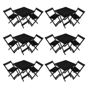 Kit 6 Conjuntos De Mesa Dobrável 70x70cm Em Madeira Maciça Para Restaurantes Com 2 Cadeiras Preto