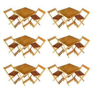 Kit 6 Conjuntos De Mesa Dobrável 70x70cm Em Madeira Maciça Para Restaurantes Com 2 Cadeiras Mel Bege