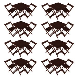 Kit 8 Conjuntos De Mesa Dobrável 70x70cm Em Madeira Maciça Para Restaurantes Com 2 Cadeiras Imbuia Marrom