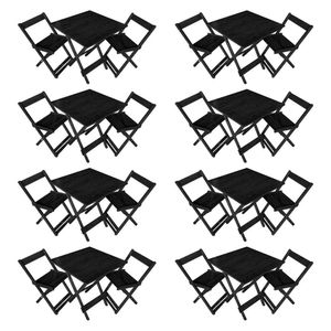 Kit 8 Conjuntos De Mesa Dobrável 70x70cm Em Madeira Maciça Para Restaurantes Com 2 Cadeiras Preto