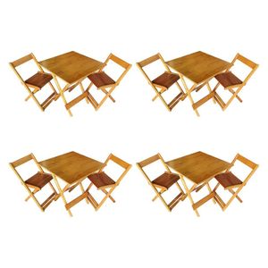 Kit 4 Conjuntos De Mesa Dobrável 70x70cm Em Madeira Maciça Para Restaurantes Com 2 Cadeiras Mel Bege