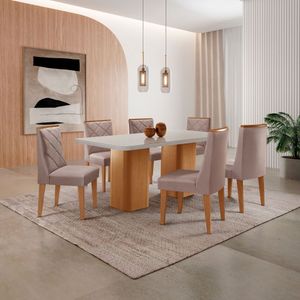 Mesa De Jantar Eloise 180cm Tampo MDF Com Vidro 6 Cadeiras Linho Capuccino Off White Naturale