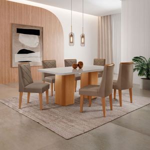 Mesa De Jantar Eloise 180cm Tampo MDF Com Vidro 6 Cadeiras Veludo Capuccino Off White Naturale