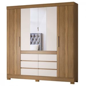 Guarda Roupa Casal Cádis 4 Portas 6 Gavetas Espelho Demóbile Amêndola Touch Off White