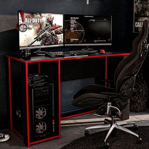 Mesa Gamer Singapura Em MDP Para 2 Monitores Politorno Preto Vermelho