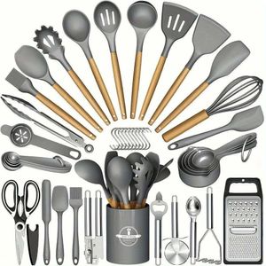 Kit 44 Utenslios De Cozinha Silicone E Madeira Antiaderente Cinza