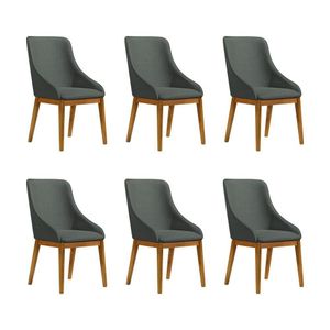 Kit 6 Cadeiras De Jantar Estofada Elisa Anatômica Linho Chumbo Base Madeira Maciça Mel