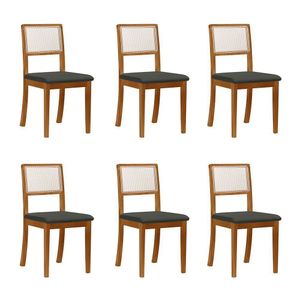 Kit 6 Cadeiras De Jantar Luxo Madeira Maciça Mel Encosto Telinha Palha Estofada Linho Chumbo Rubi