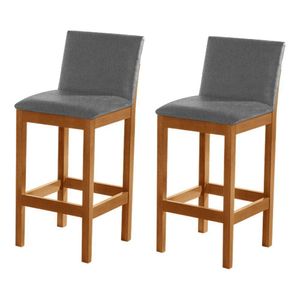 Kit 2 Banquetas Alta Pérola Com Encosto Estofada Em Linho Cinza Madeira Maciça Castanho