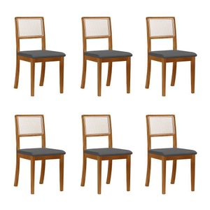 Kit 6 Cadeiras De Jantar Luxo Madeira Maciça Mel Encosto Telinha Palha Estofada Linho Cinza Rubi