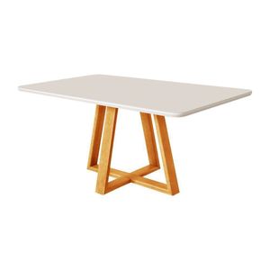 Mesa De Jantar 120x90 Tampo MDF Vidro Para 4 Lugares Pés Madeira Maciça Pérola Mel Off White