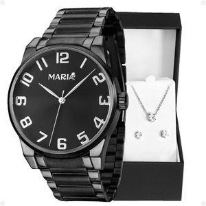 Relogio Feminino Preto Aço Inox + Colar + Brincos + Caixa Presente Strass Moda Black Piano Casual