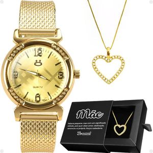 Relogio Feminino Dourado Aço + Colar Mãe Coração + Caixa Social Presente Strass Inoxidável Silicone
