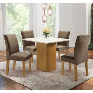 Conjunto De Mesa De Jantar Dakota 90x90cm Tampo De Vidro Com 4 Cadeiras Napoles Cel Móveis Cinamomo Off