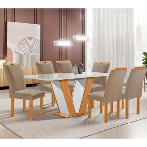 Sala De Jantar Qatar 160x80 Tampo Plus Com Vidro 6 Cadeiras Londres Cel Móveis Cinamomo Off