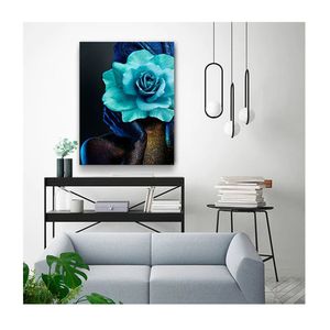 Quadro Arte Conceito Color Paint Woman Blue Rose C- Moldura Prata Tamanho 90 X 60cm