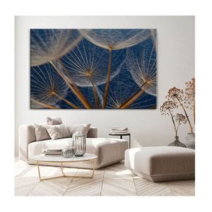 Quadro Folhas e Flores Dente De Leão Em Fundo Azul C- Moldura Prata e Vidro Tamanho 120 X 80cm