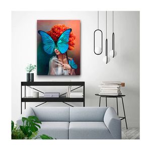 Quadro Arte Conceito Blue Butterfly Face C- Moldura Prata e Vidro Tamanho 90 X 60cm