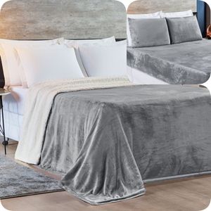 Kit Casal 4 Peças Cobertor Sherpa New Alaska + Jogo Lençol Soft - Cinza