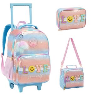 Kit Mochila Rodinhas Menina Love Yourself Lancheira Estojo Arco íris Chaveiro Pom Pom Seanite
