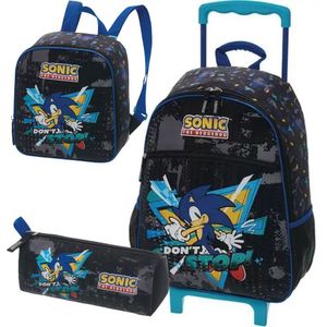 Kit Mochila Rodinhas Lancheira Estojo Infantil Escolar Sonic Don´t Stop Preta Infantil Pacific