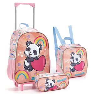 Kit Mochila Rodinhas Lancheira Estojo Escolar Infantil Panda Seanite
