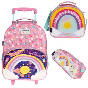 Kit Mochila Rodinhas Arco íris Escolar Lancheira Estojo Infantil Dermiwil