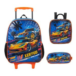Kit Mochila Rodinhas Sport Racers Carros Lancheira Estojo Infantil Escolar Xeryus