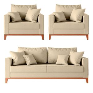 Kit Sofá 2 Lugares E 2 Poltronas Beny Com Base De Madeira Linho Areia