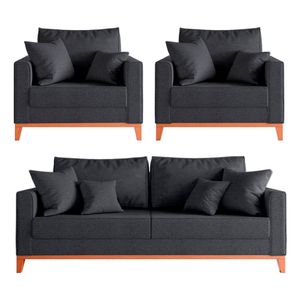 Kit Sofá 2 Lugares E 2 Poltronas Beny Com Base De Madeira Linho Grafite