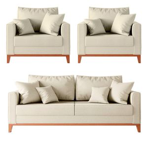 Kit Sofá 2 Lugares E 2 Poltronas Beny Com Base De Madeira Linho Bege