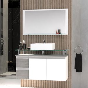 Conjunto Gabinete Banheiro 2 Gavetas 2 Portas 80cm Com Espelheira Diamante - Cinza Rovere - Cinza
