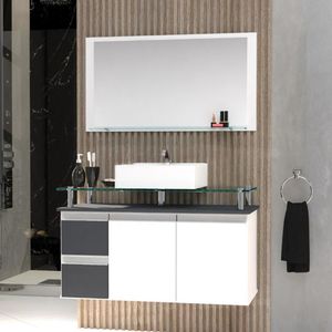 Conjunto Gabinete Banheiro 2 Gavetas 2 Portas 80cm Com Espelheira Diamante - Cinza Titanium - Cinza