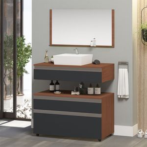 Gabinete Banheiro Superior E Inferior Com Rodízios 3 Gavetas 80cm Safira - Cinza Titanium - Cinza