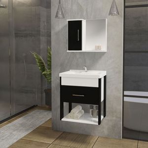 Conjunto Gabinete Inferior E Superior Banheiro 1 Porta 1 Gaveta Rubi - Preto - Preto