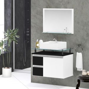 Conjunto Gabinete Banheiro 2 Gavetas 1 Porta 60cm Com Espelheira Diamante - Preto - Preto