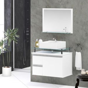 Conjunto Gabinete Banheiro 2 Gavetas 1 Porta 60cm Com Espelheira Diamante - Branco - Branco