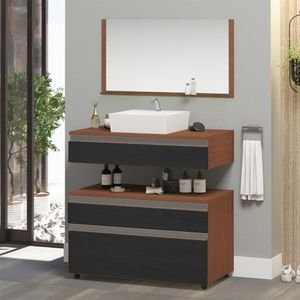 Gabinete Banheiro Superior E Inferior Com Rodízios 3 Gavetas 60cm Safira - Cinza Titanium - Cinza