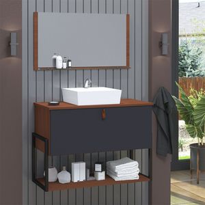 Gabinete De Banheiro Vegas 1 Prateleira 1 Porta 80cm Natura E Cinza Titanium - Cinza
