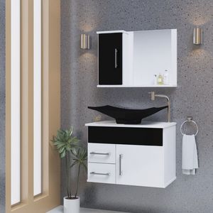Conjunto Gabinete Inferior E Superior Banheiro 2 Gavetas 1 Porta Turin - Preto - Com Cuba Preta - Preto