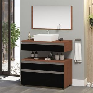 Gabinete Banheiro Superior E Inferior Com Rodízios 3 Gavetas 80cm Safira - Preto - Preto