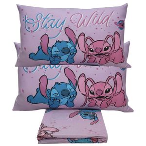 Jogo De Cama Portallar Casal Malha Mista Joy Disney Stitch E Angel Love 03 Peças Rosa