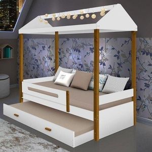 Cama Casa Sara Branca Com Cama Auxiliar Com 2 Colchões E Led