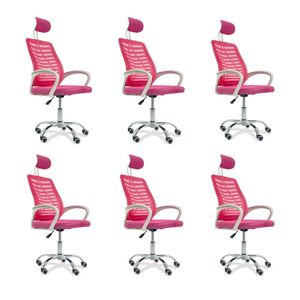 Kit 6 Cadeiras Escritório Diretor Tela Mesh Com Encosto De Cabeça Rosa