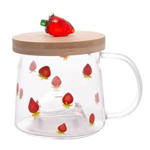 Caneca De Vidro Borossilicato Com Pires De Bambu Morango 330ml 5707 - Lyor