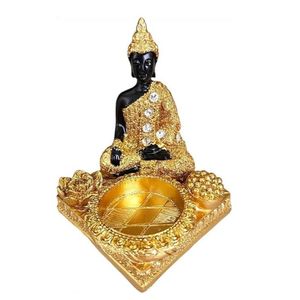 Enfeite Decorativo Buda Com Porta-vela Em Resina Dourada 10cm 4386 Preto