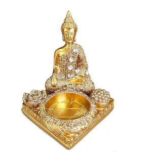 Enfeite Decorativo Buda Com Porta-vela Em Resina Dourada 10cm 4386 Dourado
