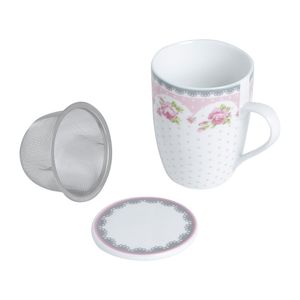 Caneca De Porcelana Super White Com Tampa E Filtro Rose Rosa Branca 310ml 2178 - Lyor