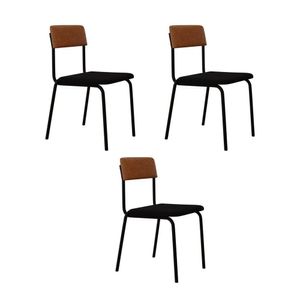 Conjunto 3 Cadeiras Estofadas Fixa Empilhável Fit Preto -caramelo - Preto Fosco Mt