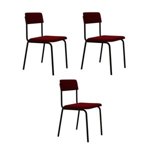 Conjunto 3 Cadeiras Estofadas Fixa Empilhável Fit Vermelho Vinho City - Preto Fosco